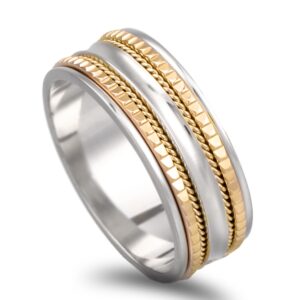 OAL0054 Aliança base ouro branco com faixas de ouro amarelo lapidado 7mm