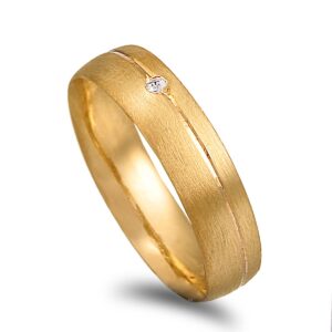 OAL1504 Aliança amendoa em ouro amarelo acetinado com friso e pedra - 5mm